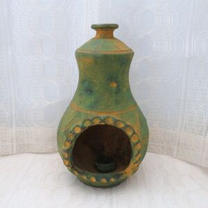 Vintage Mexican Mini Chiminea Candle Holder Green Pottery for Home Decor